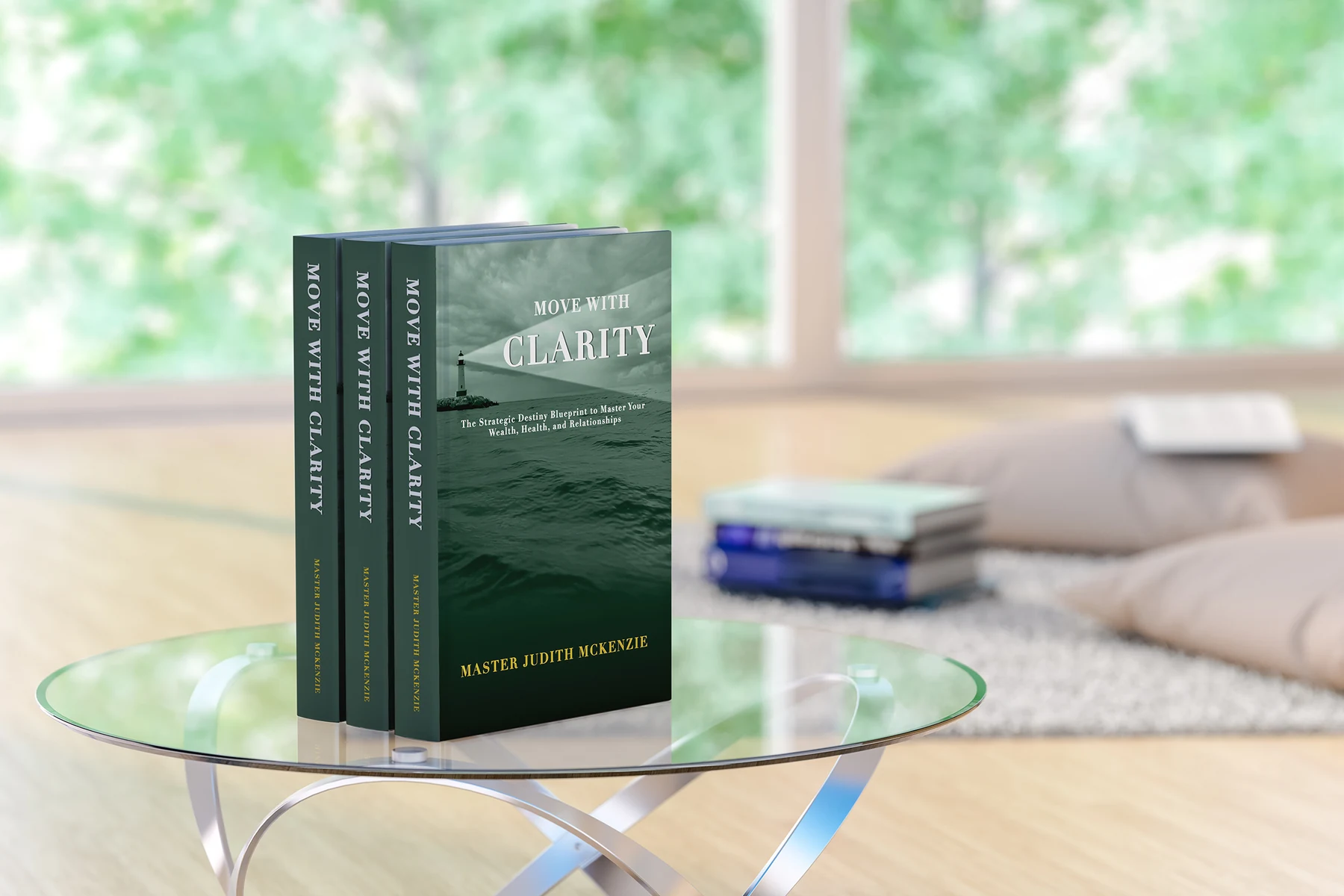 Three copies of Move With Clarity by Master Judith McKenzie on a glass table