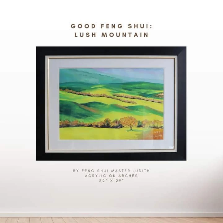 Layered green hills and a lone tree painted by Master Judith