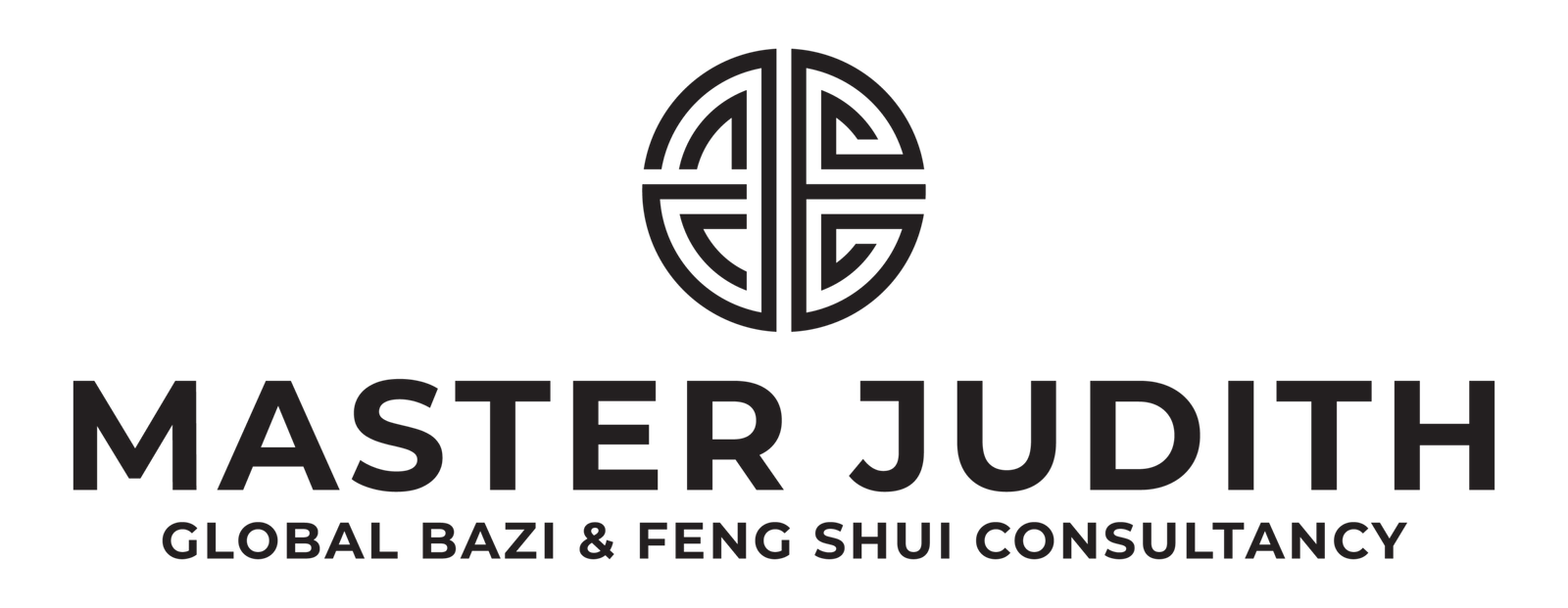Logo for Master Judith Global BaZi & Feng Shui Consultancy, featuring a circular geometric symbol above the business name and tagline in bold, black text on a white background.