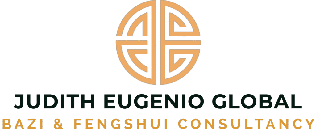 A circular geometric gold logo above the text "Judith Eugenio Global Bazi & Fengshui Consultancy" in green and gold capital letters on a transparent background.