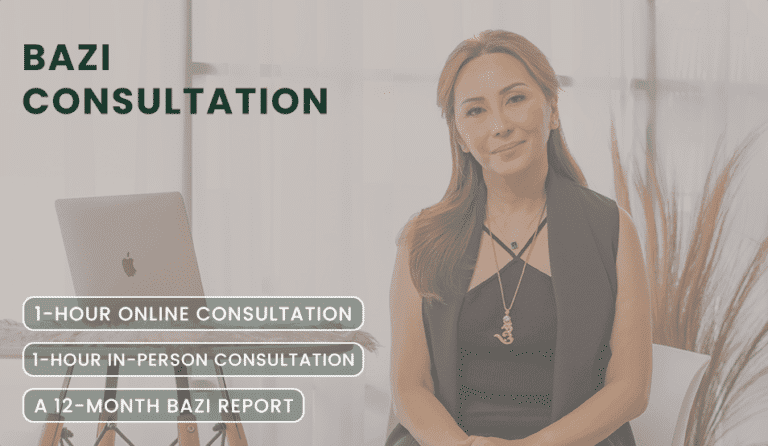 Woman seated next to a laptop, promoting a Bazi consultation including a 1-hour online session, 1-hour in-person session, and a 12-month report.