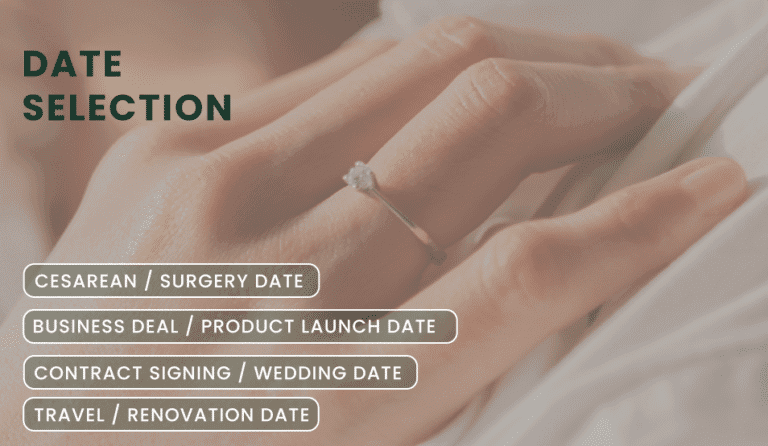 Close-up of a hand with an engagement ring, with text listing date selection for events like cesarean, business deal, contract signing, surgery, product launch, wedding, travel, and renovation.