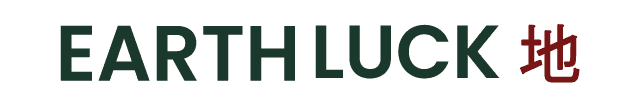 Text reading "EARTH LUCK" in dark green and a red Chinese character on the right, displayed on a white background.