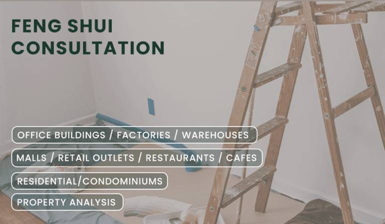 A wooden ladder stands in a room being painted. Text on the left lists feng shui consultation services for various types of properties.
