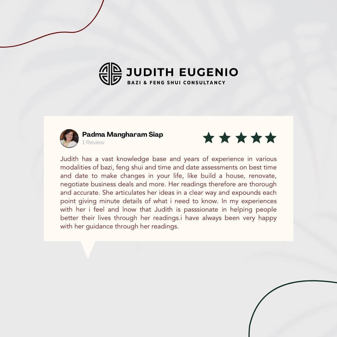 A testimonial review for Judith Eugenio's Bazi & Feng Shui Consultancy, praising her knowledge, thorough readings, and guidance in life, home, and business decisions.