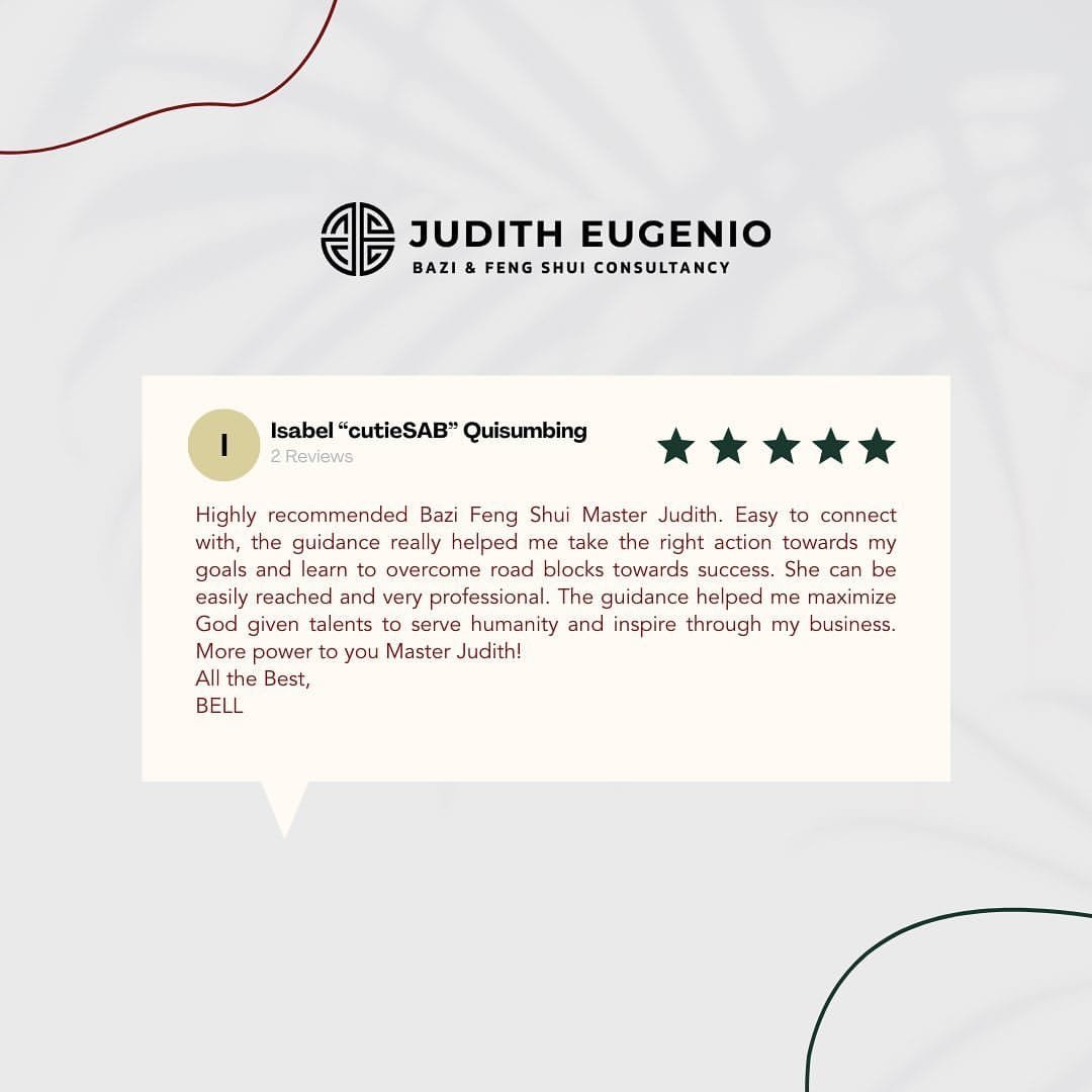 A customer review for Judith Eugenio Bazi & Feng Shui Consultancy praises the guidance and professionalism, mentioning positive outcomes in business and personal growth.