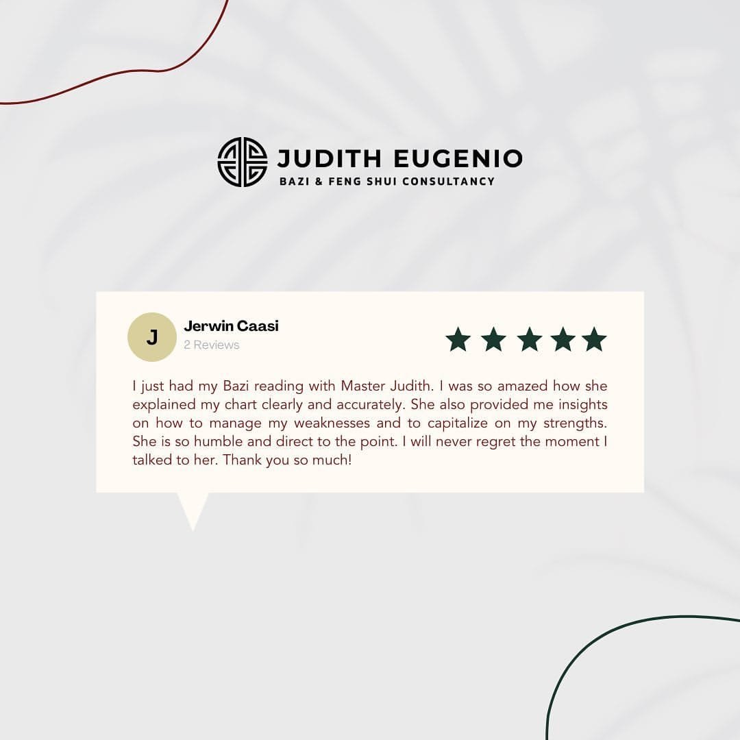 A customer review for Judith Eugenio Bazi & Feng Shui Consultancy praises a Bazi reading for its clarity, insights, and the humble, direct approach of Master Judith.