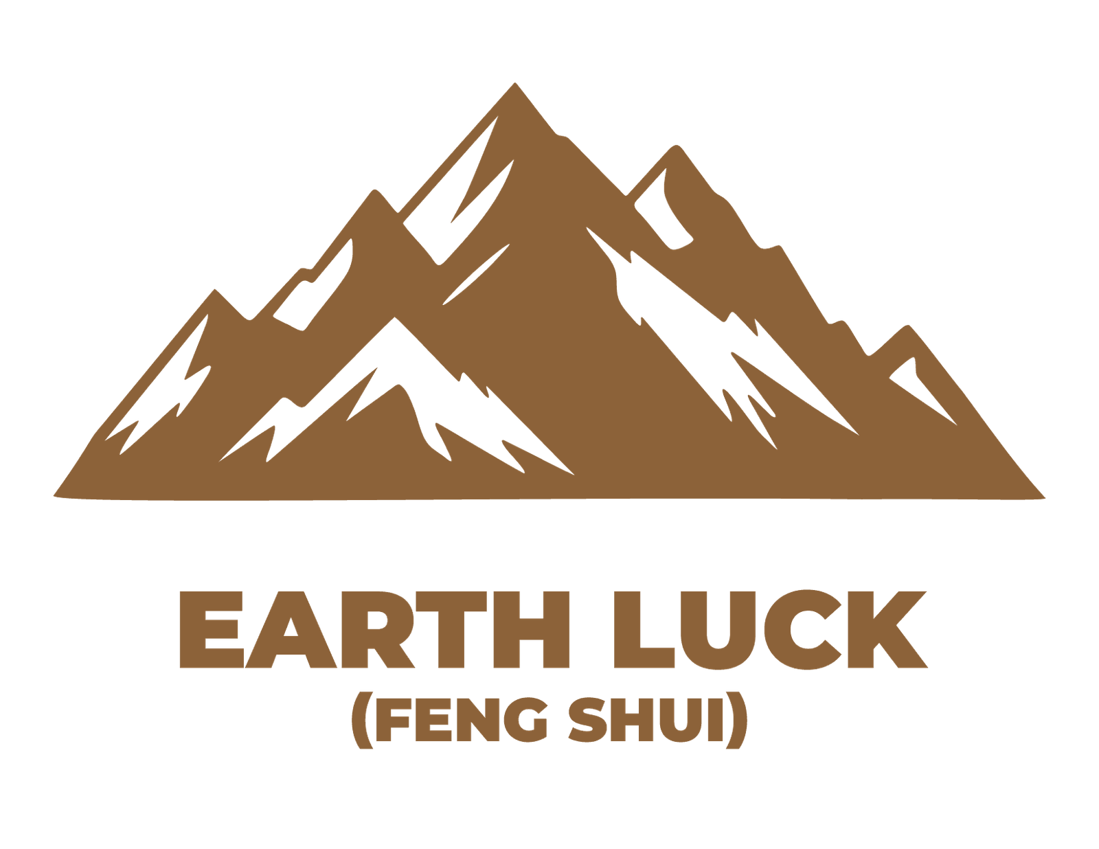Brown mountain graphic above the bold text "EARTH LUCK (FENG SHUI)" on a white background, evoking harmony and balance—perfect for promoting feng shui consultation or bazi analysis by an experienced feng shui master.